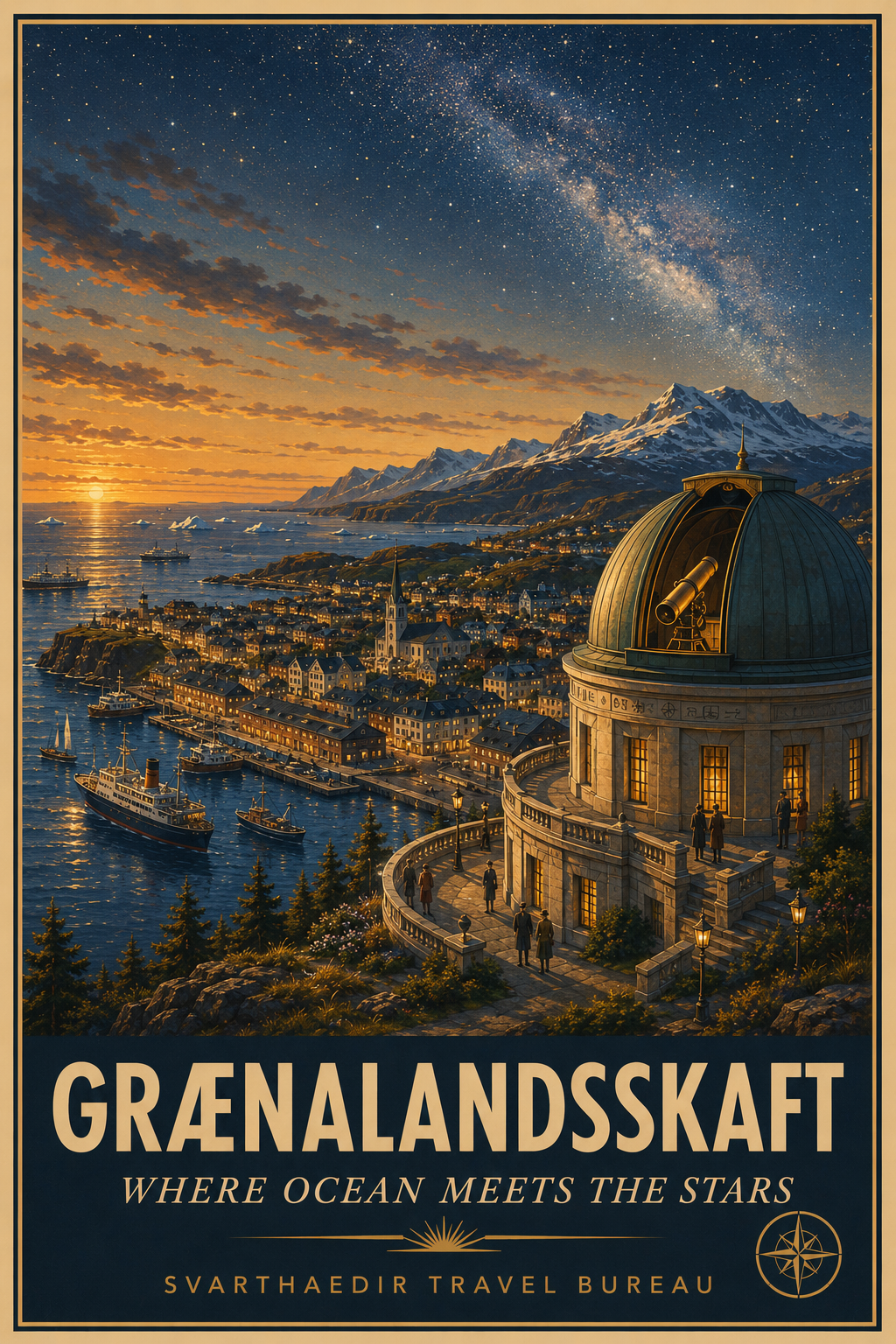 Graenalandsskaft harbor and observatory beneath the stars